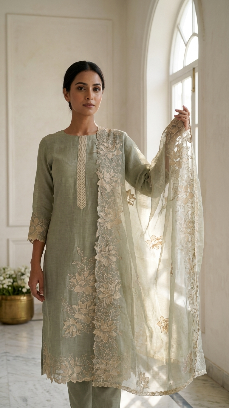 sage green embroidered kurta set