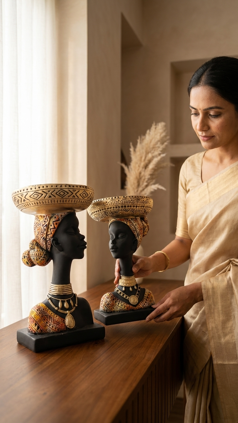 African Tribal Lady Decorative Showpiece Set | Luxury Vastu Home Decor Sculpture Pair