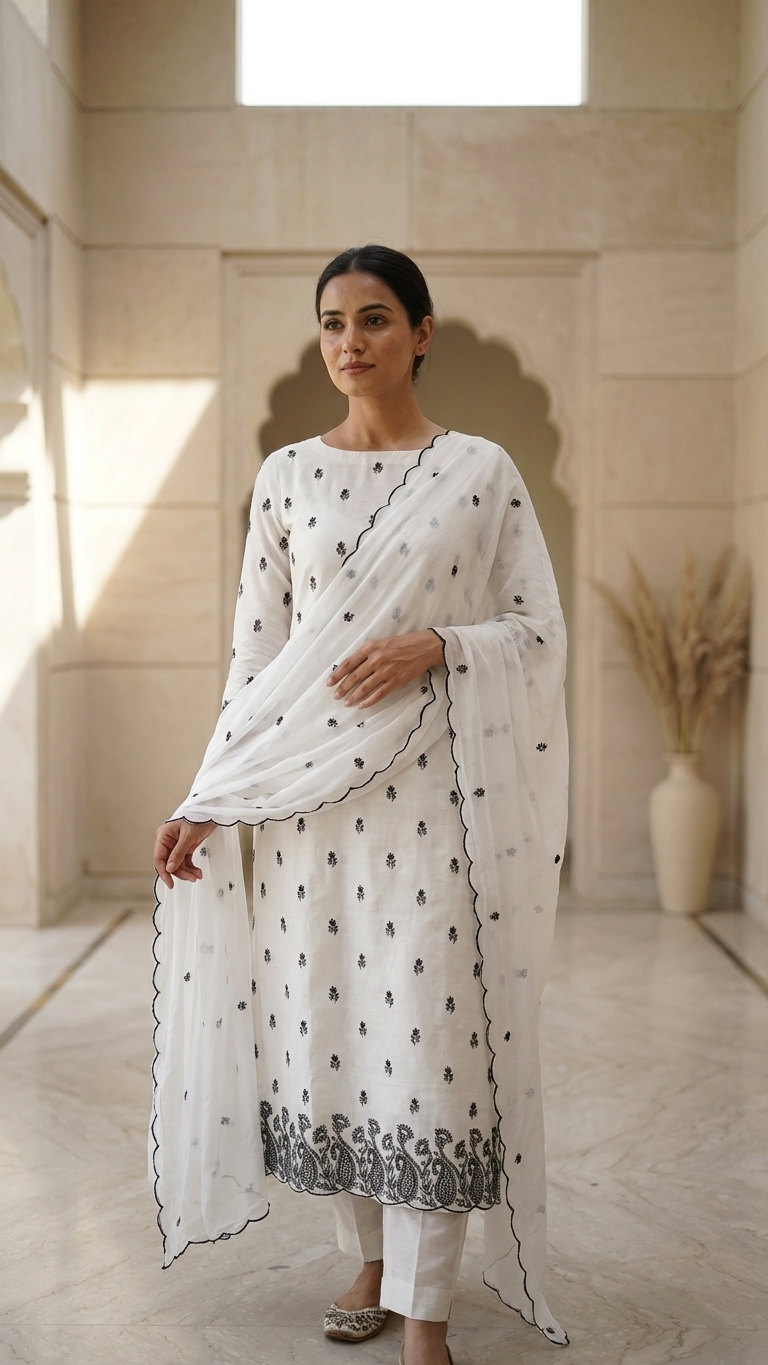 White Embroidered Designer Suit Set with Dupatta – Ethnic Wear India
