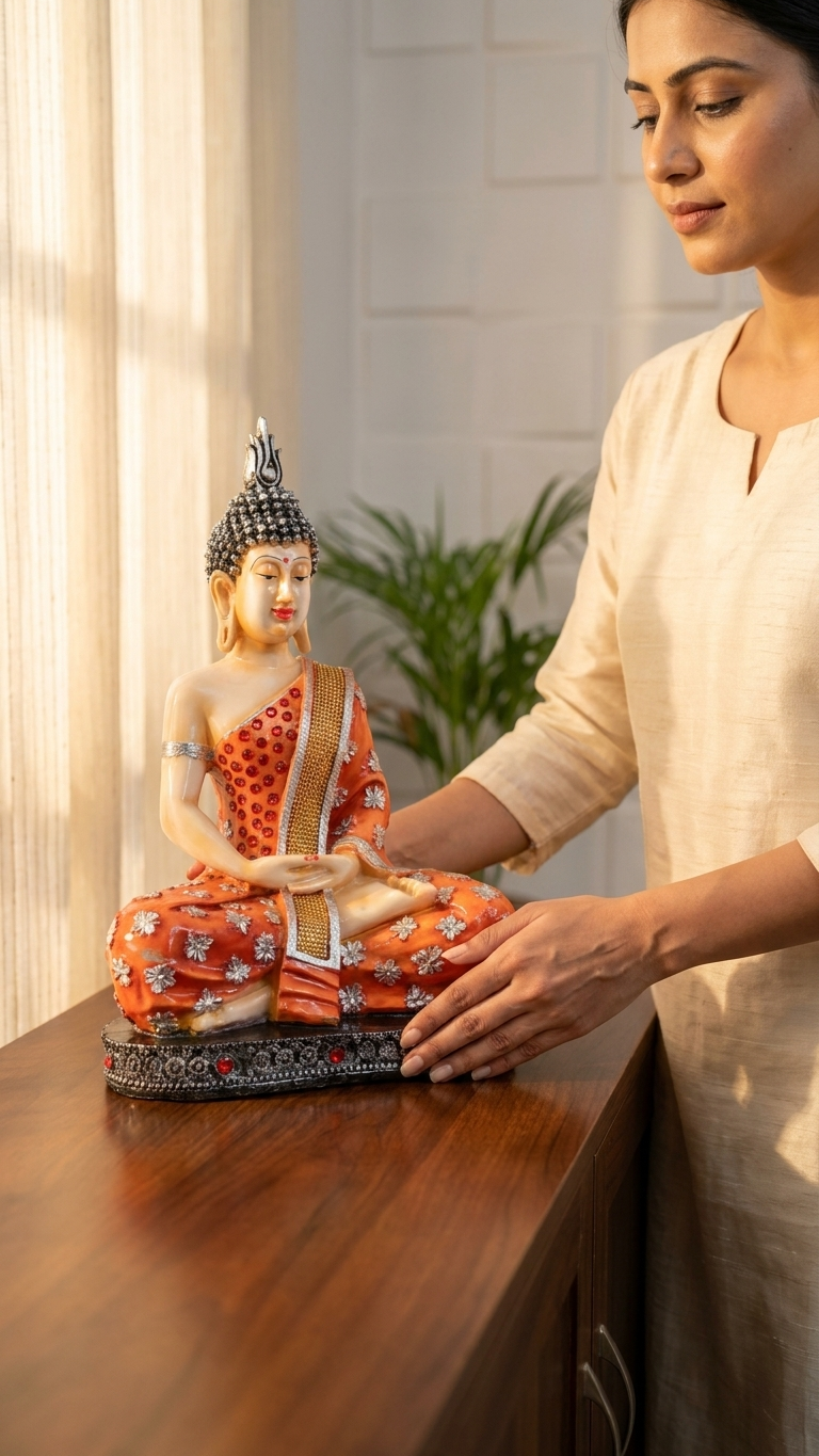 Handcrafted Orange Meditating Buddha Idol with Silver Floral Robe | Premium Resin Showpiece for Home Decor & Meditation