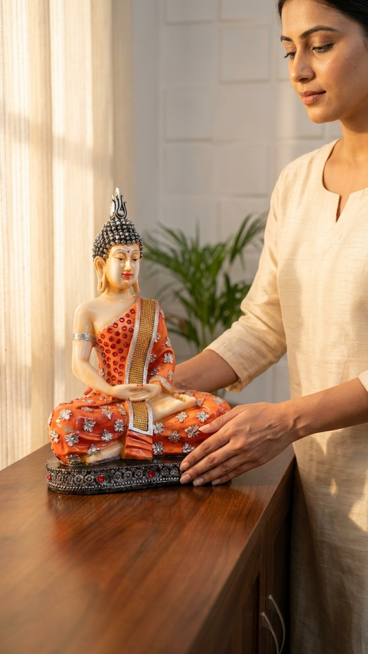 Handcrafted Orange Meditating Buddha Idol with Silver Floral Robe | Premium Resin Showpiece for Home Decor & Meditation