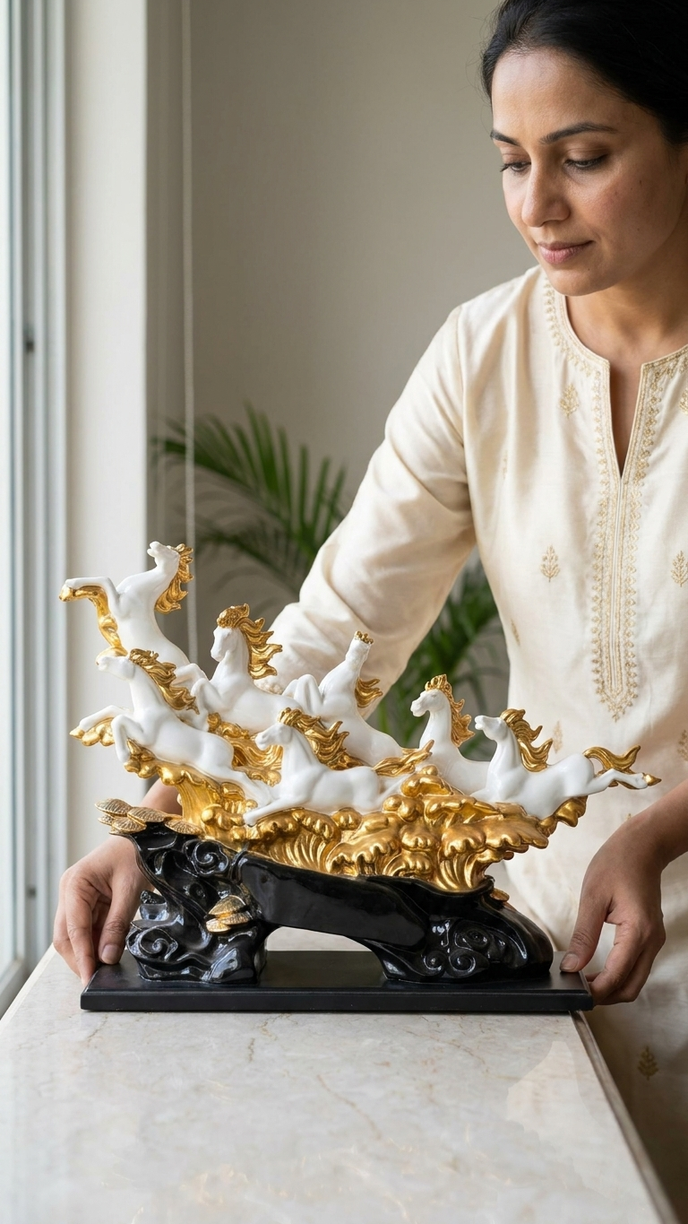 Handcrafted Running Horse Sculpture Showpiece in White & Gold with Decorative Base