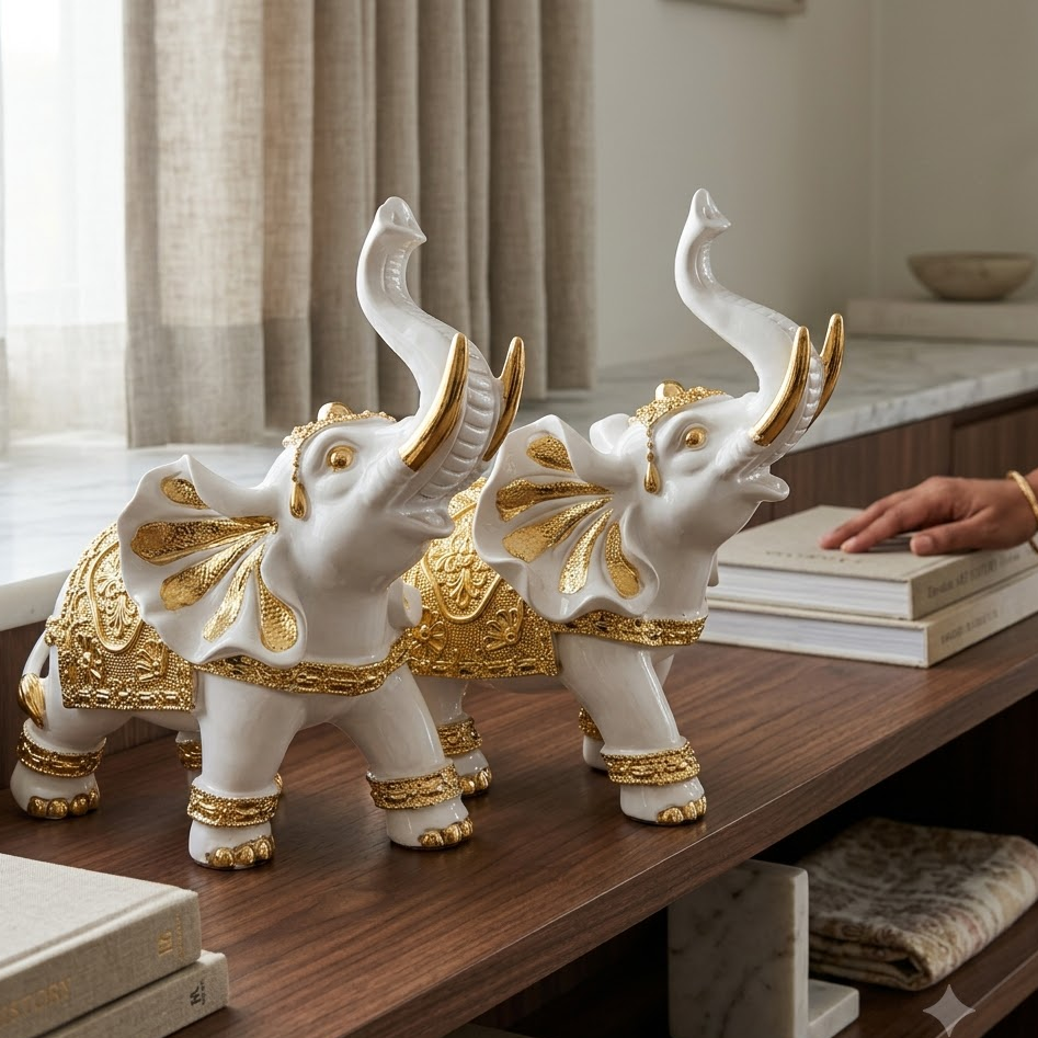 White & Gold Elephant Set of 2