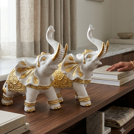 White & Gold Elephant Set of 2