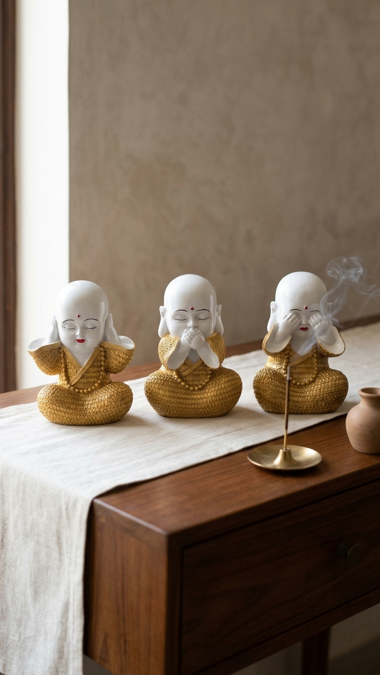 Handcrafted Royal White & Gold Three Wise Monk Showpiece Set – Premium Resin Home Decor