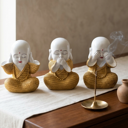 Handcrafted Royal White & Gold Three Wise Monk