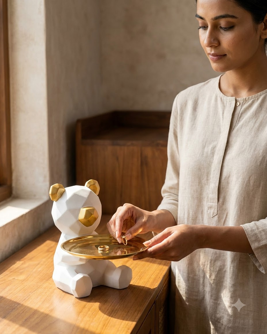 White Gold Bear Showpiece for Home Decor