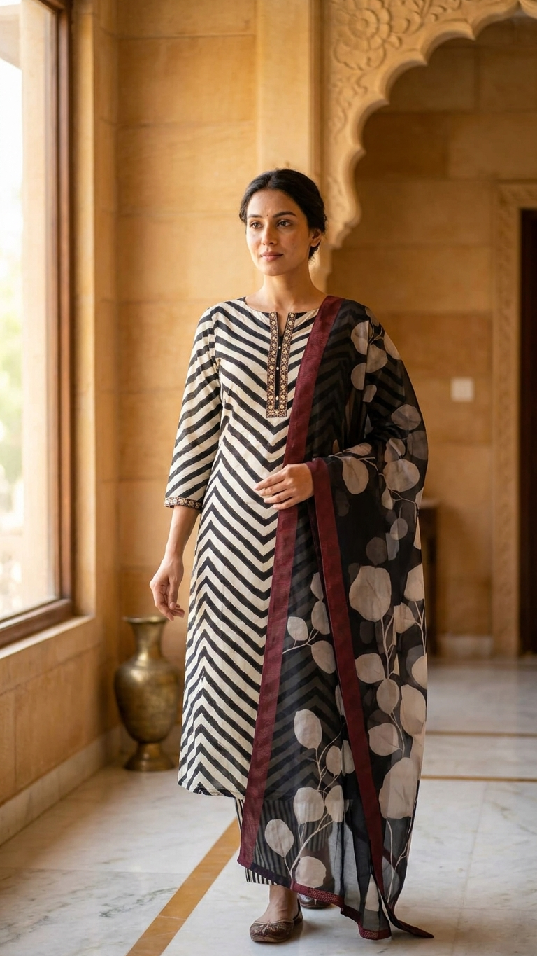 Black and White Designer Suit Set with Dupatta –Modern Ethnic Wear