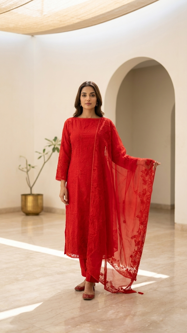 red embroidered unstitched suit set