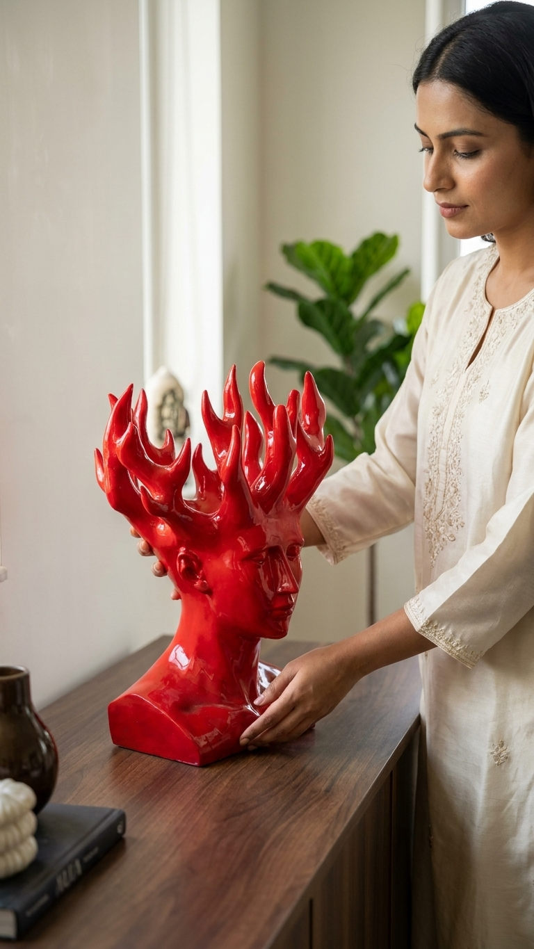 modern fire lady face sculpture