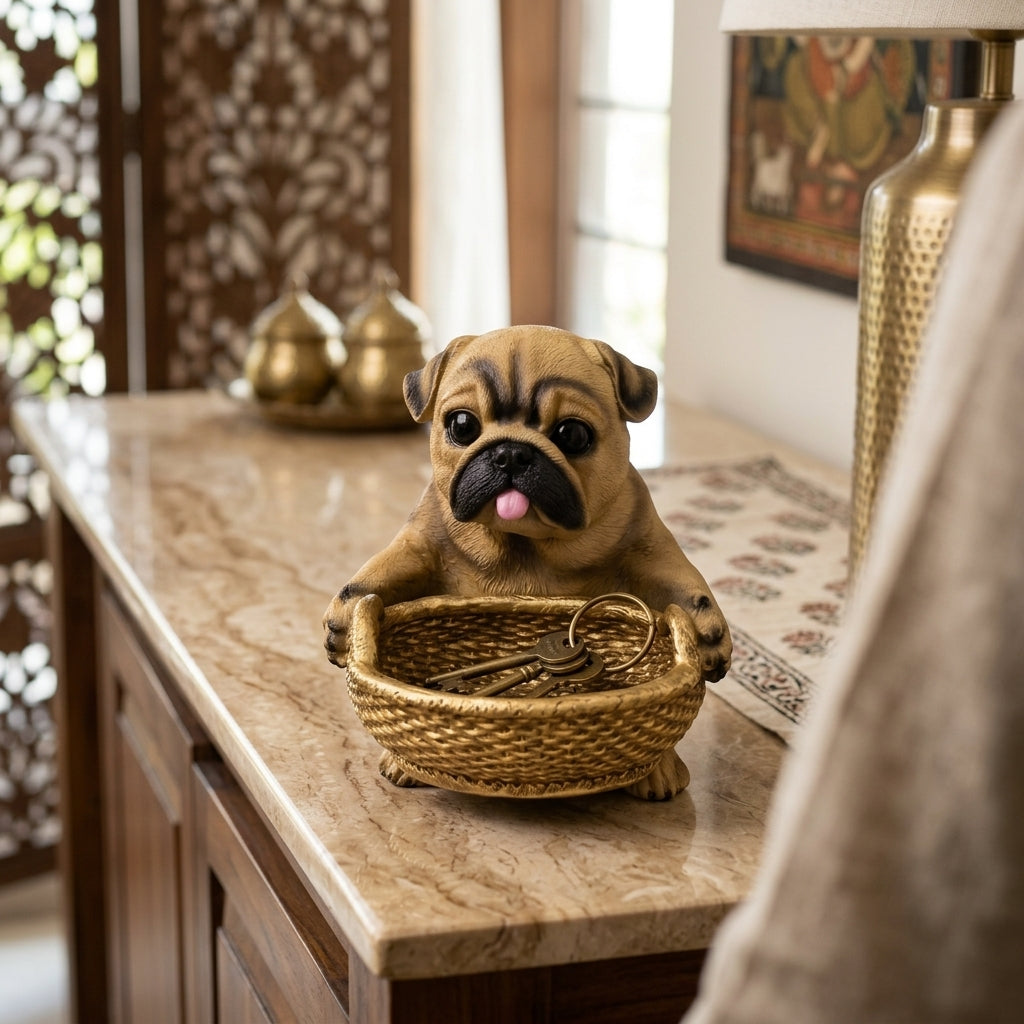 Pug dog showpiece with tray for home decor India – Decorative Animal Figurine Storage Tray for Home Table Decor