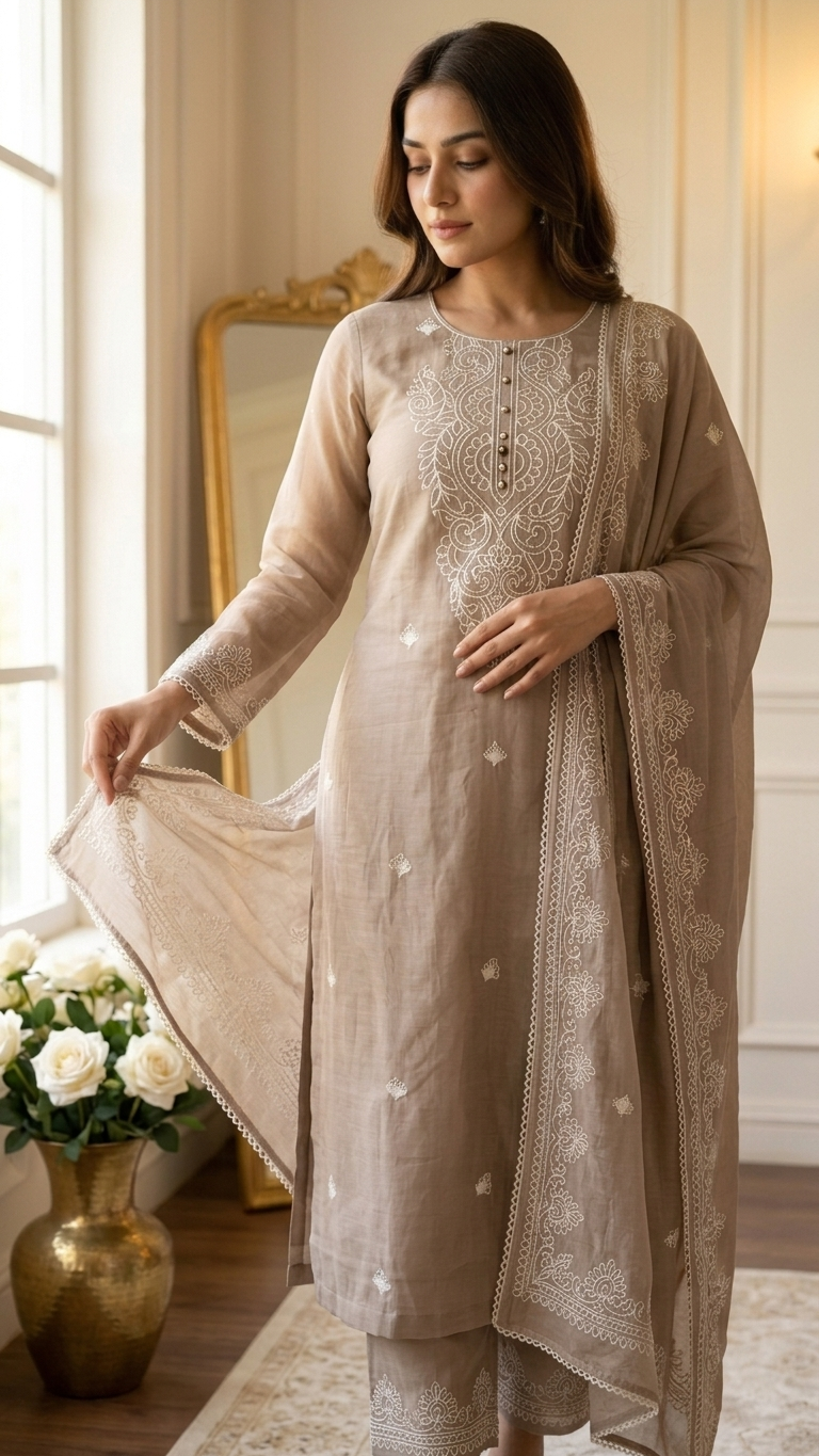 Taupe Embroidered Designer Suit Set with Dupatta – Elegant Ethnic Wear