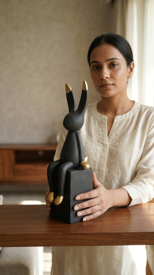 Black & Gold Handcrafted Sitting Rabbit Showpiece – Modern Decorative Sculpture for Home Décor
