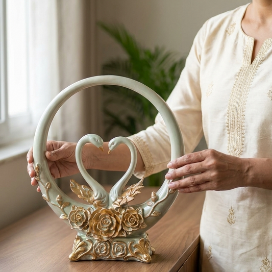 Handcrafted Swan Couple Showpiece with Floral Ring