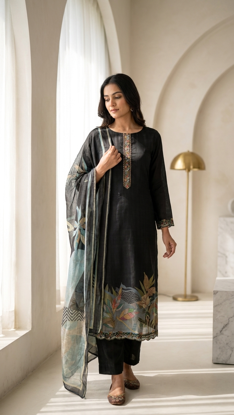 handcrafted black embroidered kurta set