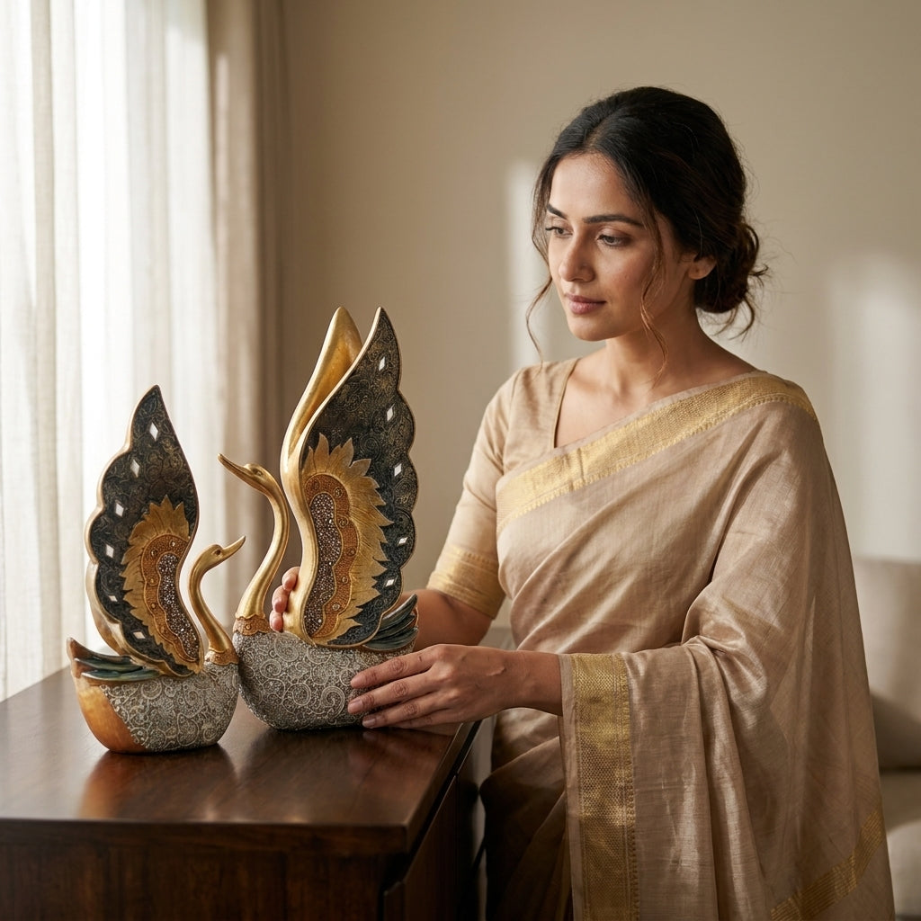 Golden swan pair showpiece for home decor India – Premium Finish Home Decor Statue for Living Room & Office