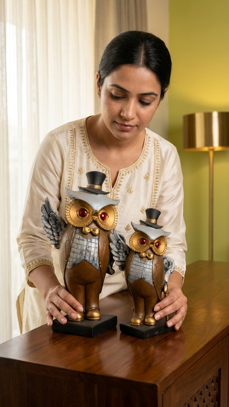 Handcrafted Gentleman Owl Showpiece Pair – Victorian Owl Couple