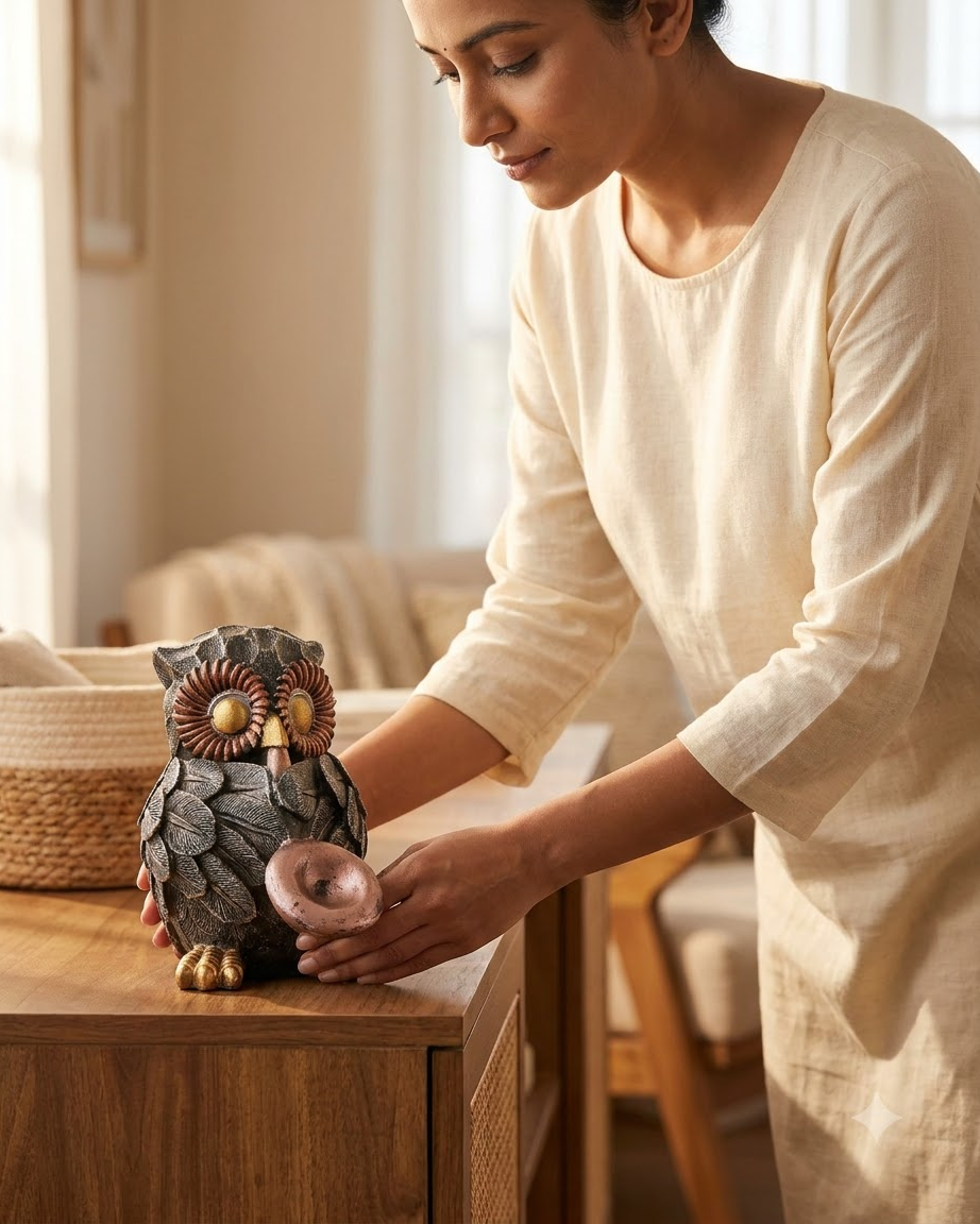 Black Gold Musical Owl Showpiece for Home Decor