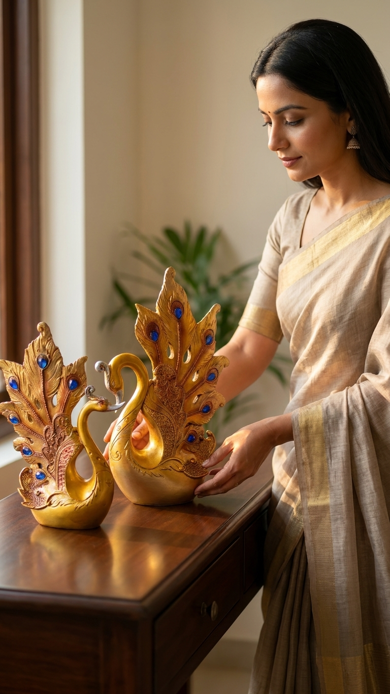 Golden Swan Pair Showpiece with Peacock Feather Design | Vastu Decorative Sculpture for Love, Harmony & Prosperity