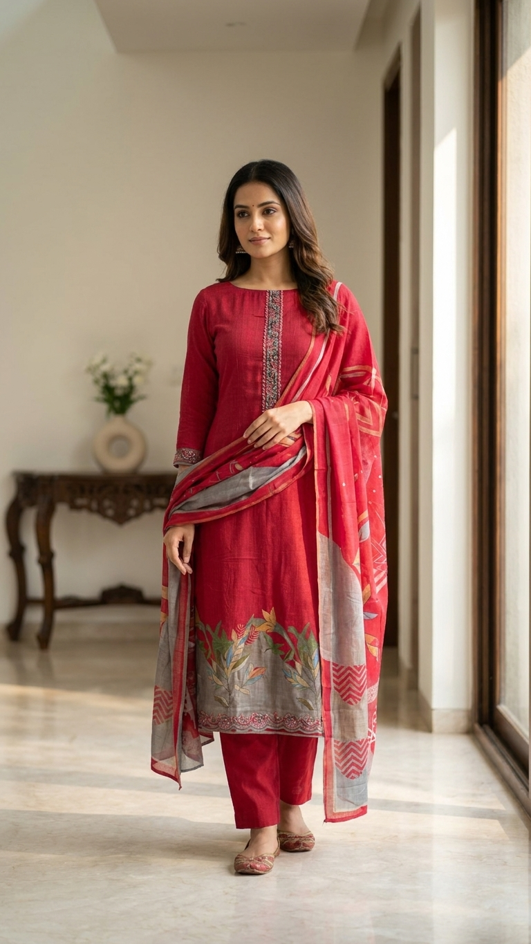 red embroidered unstitched suit set