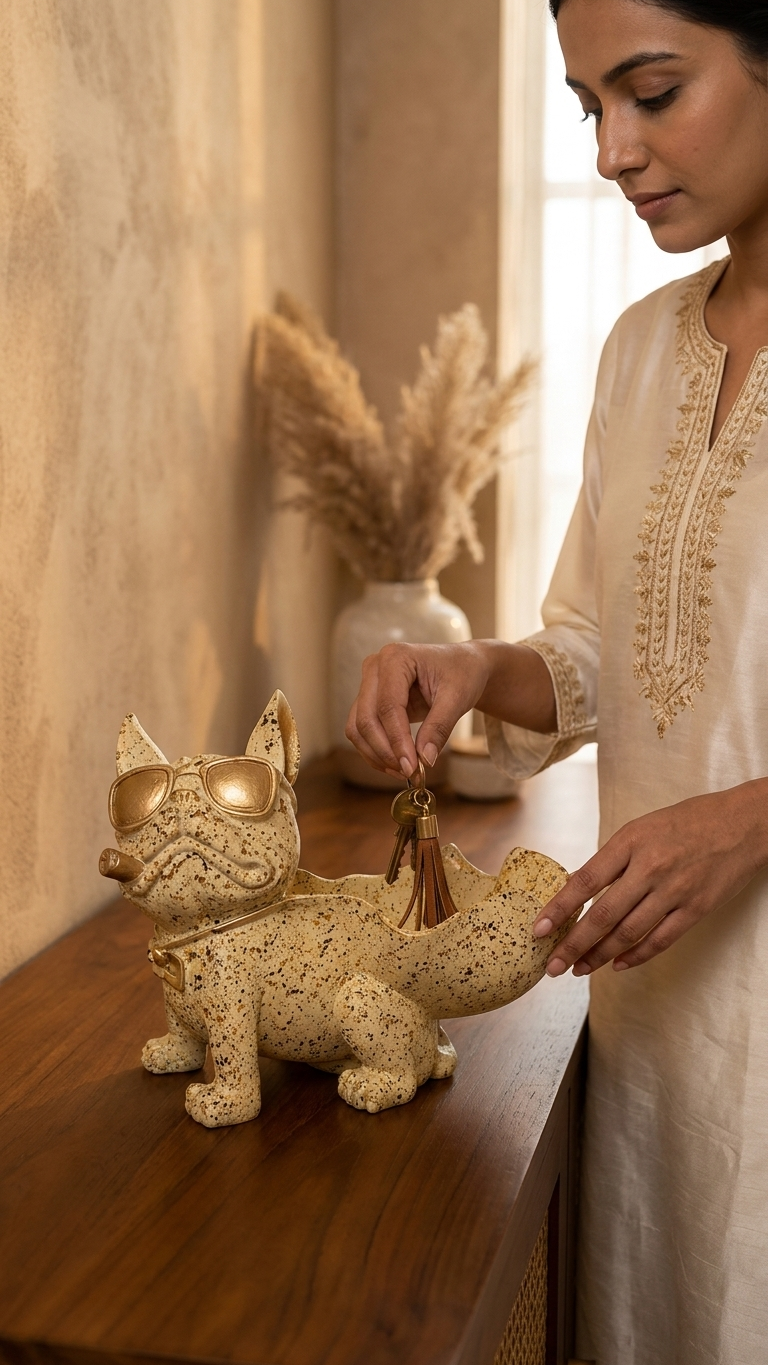 Handcrafted Golden Bulldog Bowl Showpiece – Cool Dog with Sunglasses