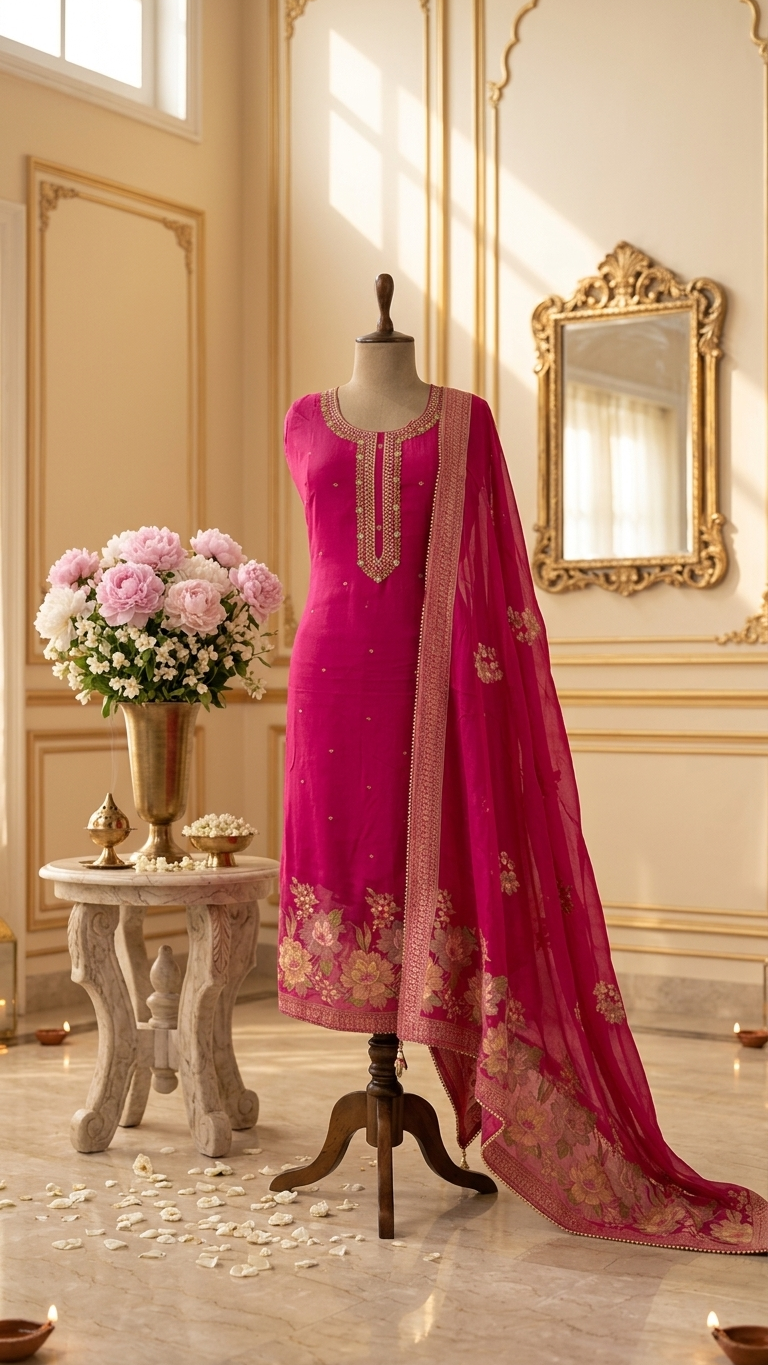 Hot Pink Embroidered Suit Set with Dupatta – Festive & Wedding Wear