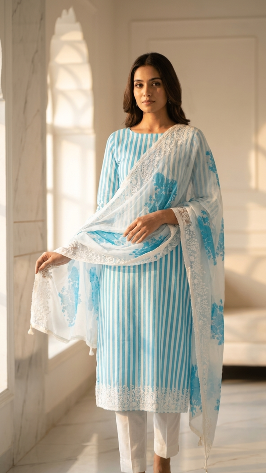 Blue striped designer suit Set with Floral Dupatta – Summer Wear