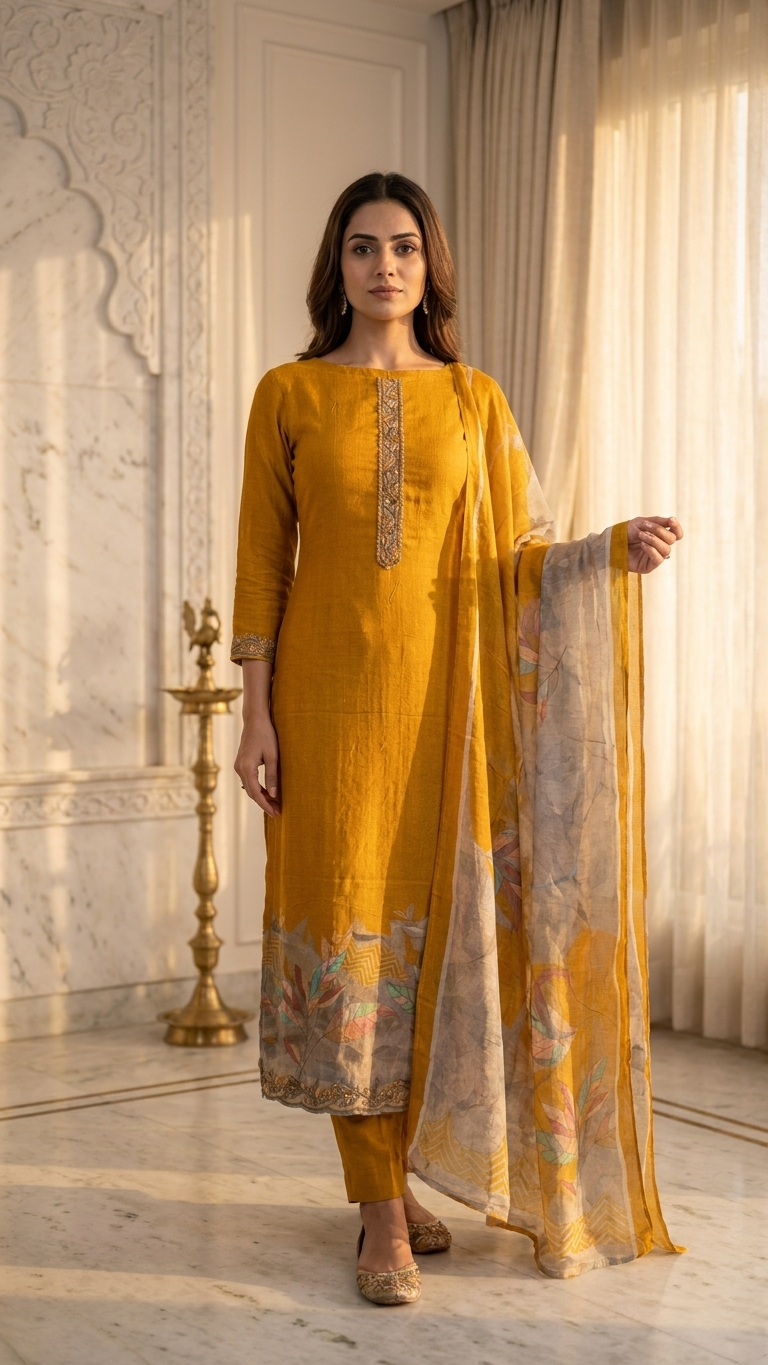mustard yellow embroidered kurta set