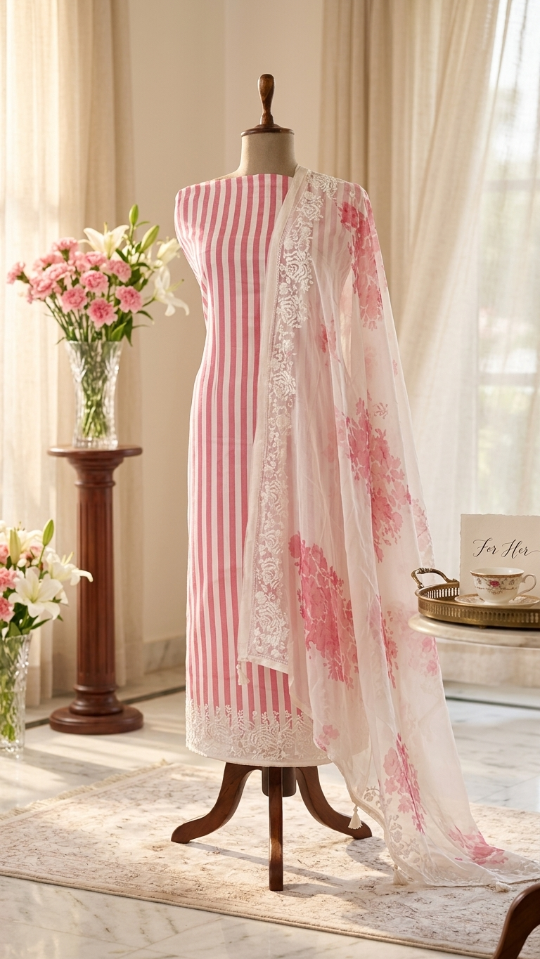 Pink and White Striped Suit Set with Floral Dupatta – Ethnic Wear