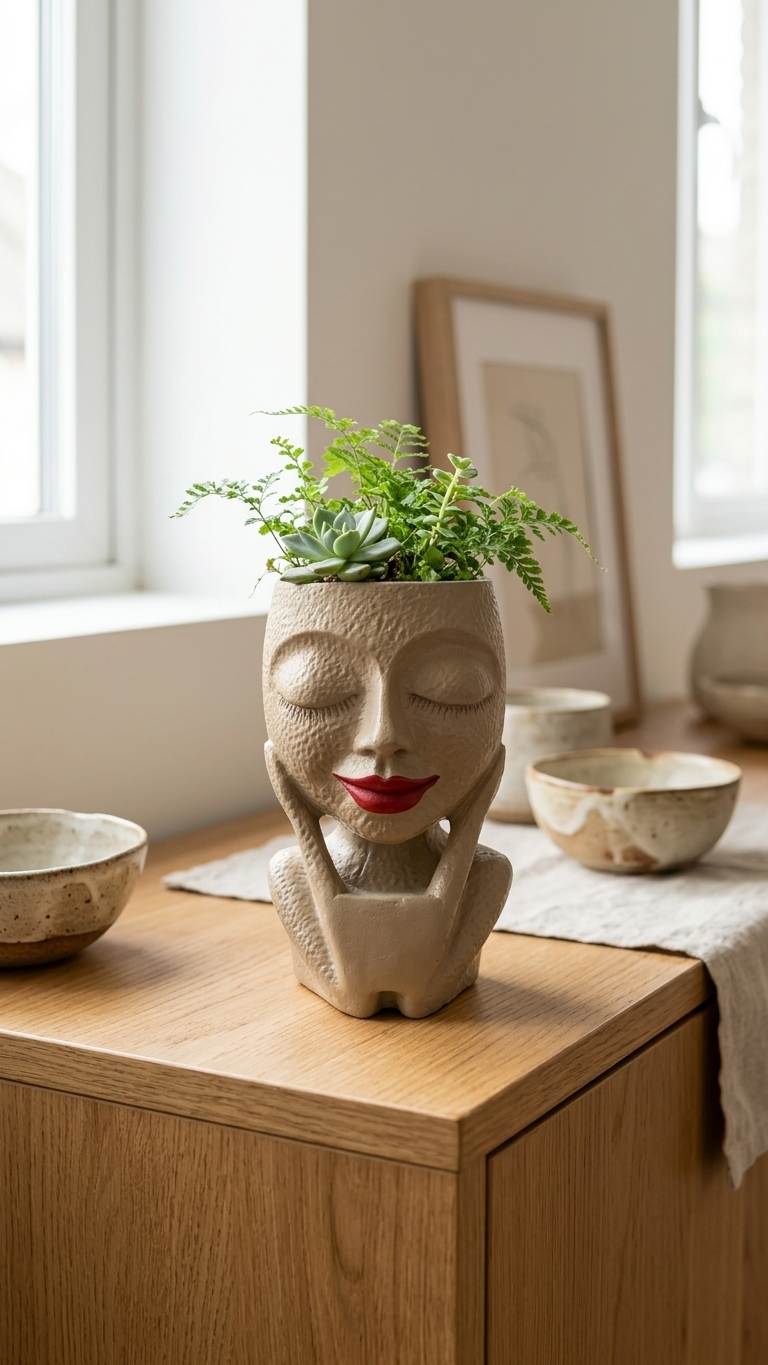 Handcrafted Face Planter Decor – Artistic Lady Head Pot Modern Home