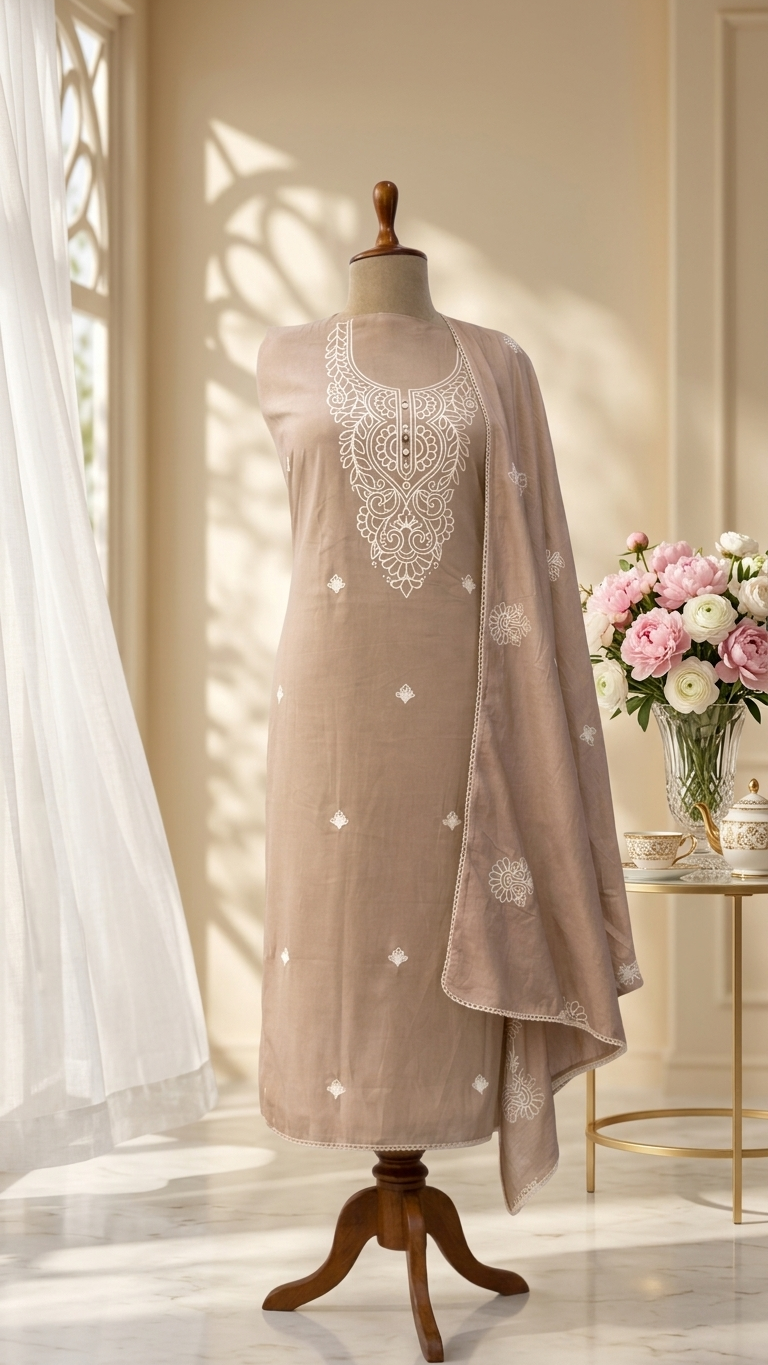 Taupe Embroidered Designer Suit Set with Dupatta – Elegant Ethnic Wear