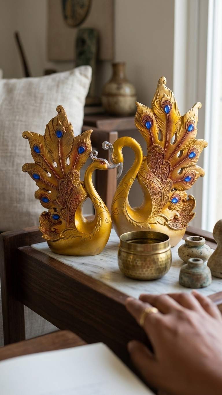 Golden Swan Pair Showpiece with Peacock Feather Design | Vastu Decorative Sculpture for Love, Harmony & Prosperity