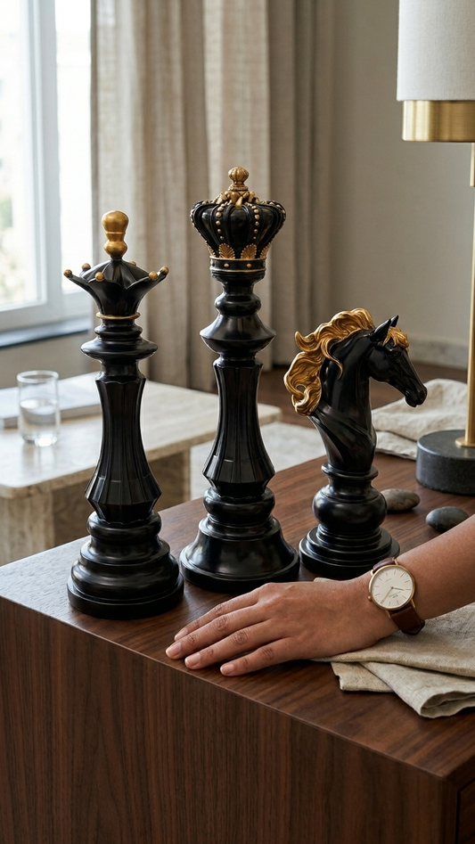 Luxury chess pieces decor set for home India – Premium King, Queen & Knight Figurine Décor for Home & Office