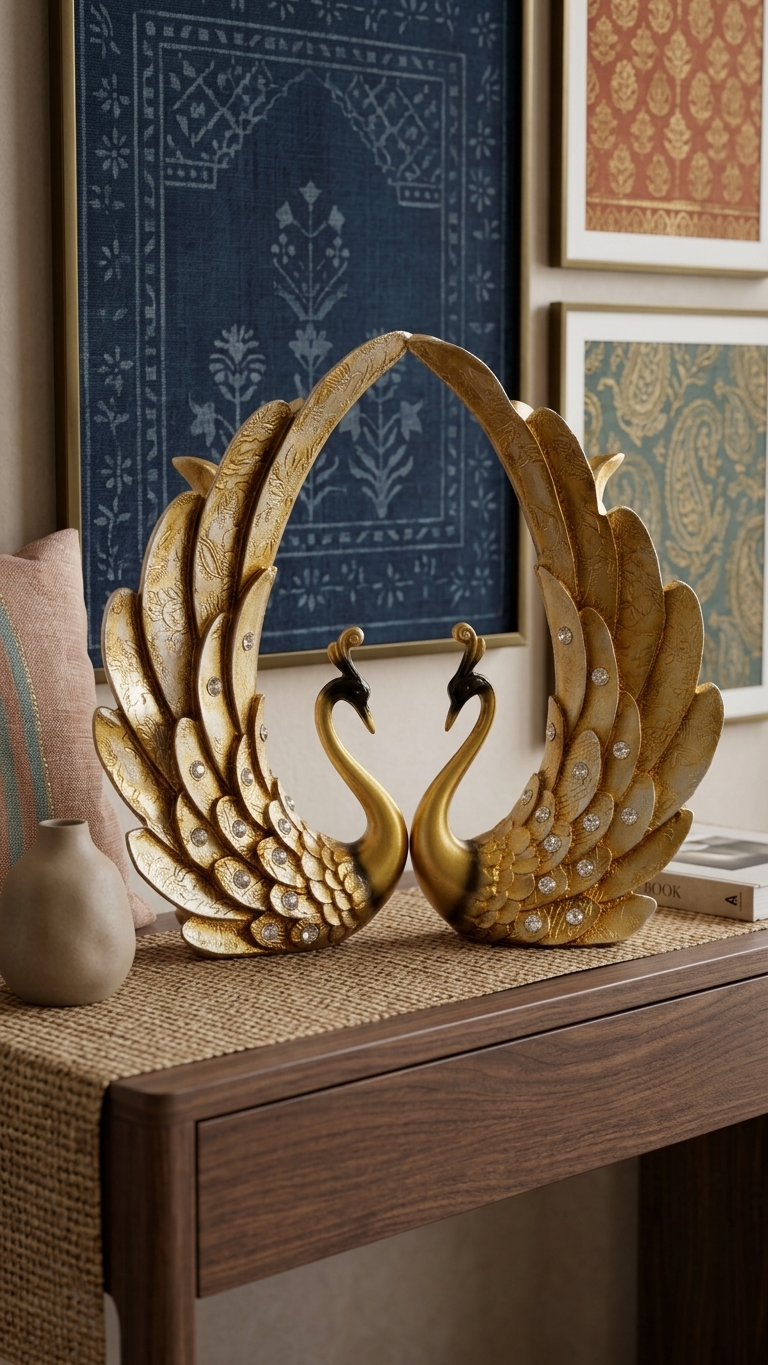 Handcrafted Crystal Wing Swan Couple Showpiece with Royal Feather Arch | Premium Resin Decor