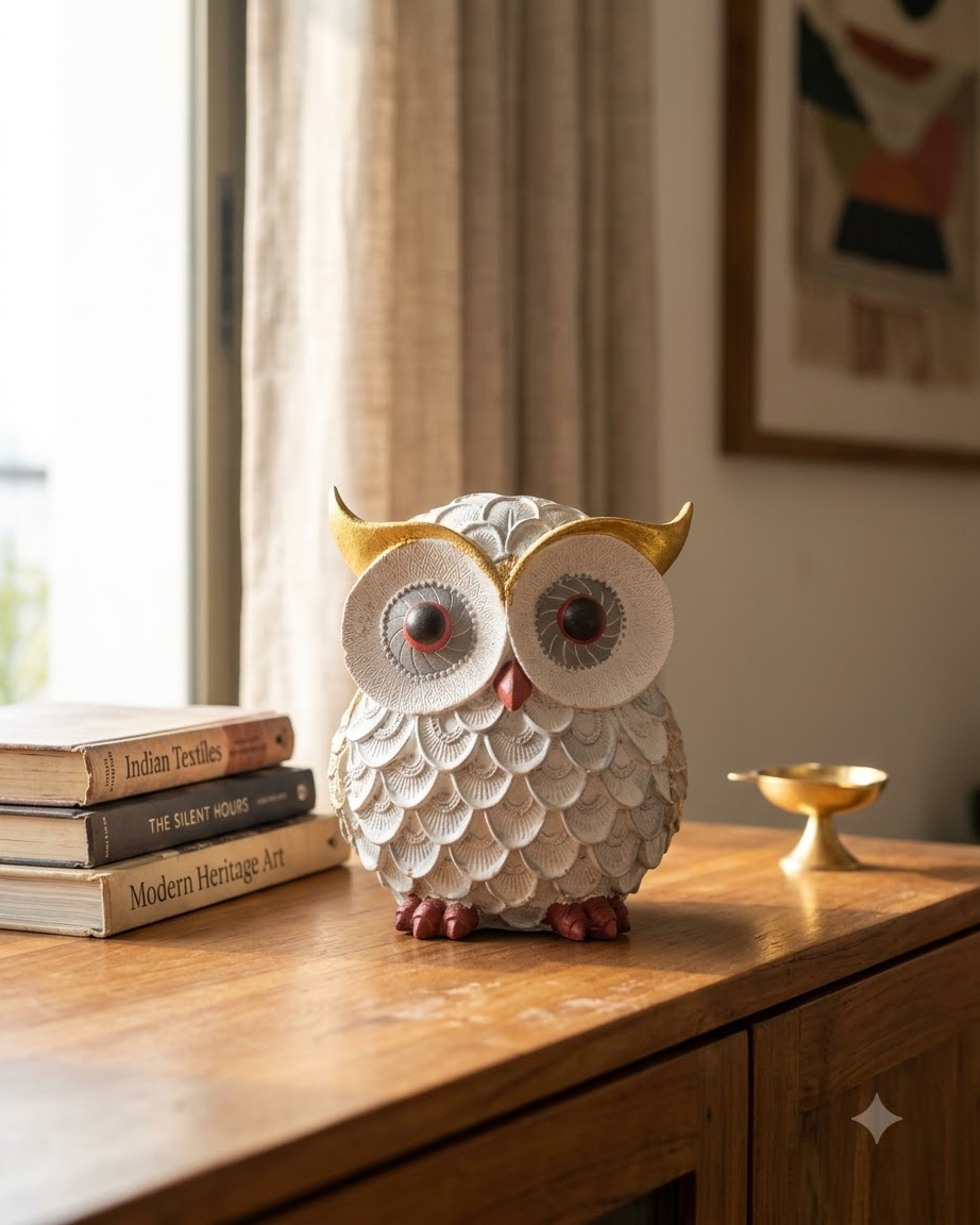 White Gold Owl Showpiece for Home Decor