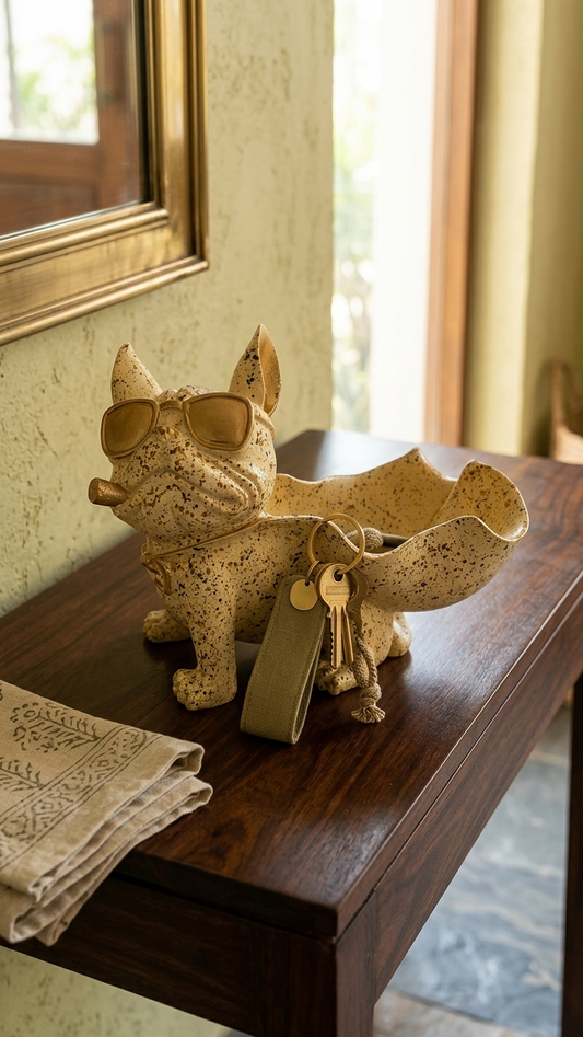 Handcrafted Golden Bulldog Bowl Showpiece – Cool Dog with Sunglasses