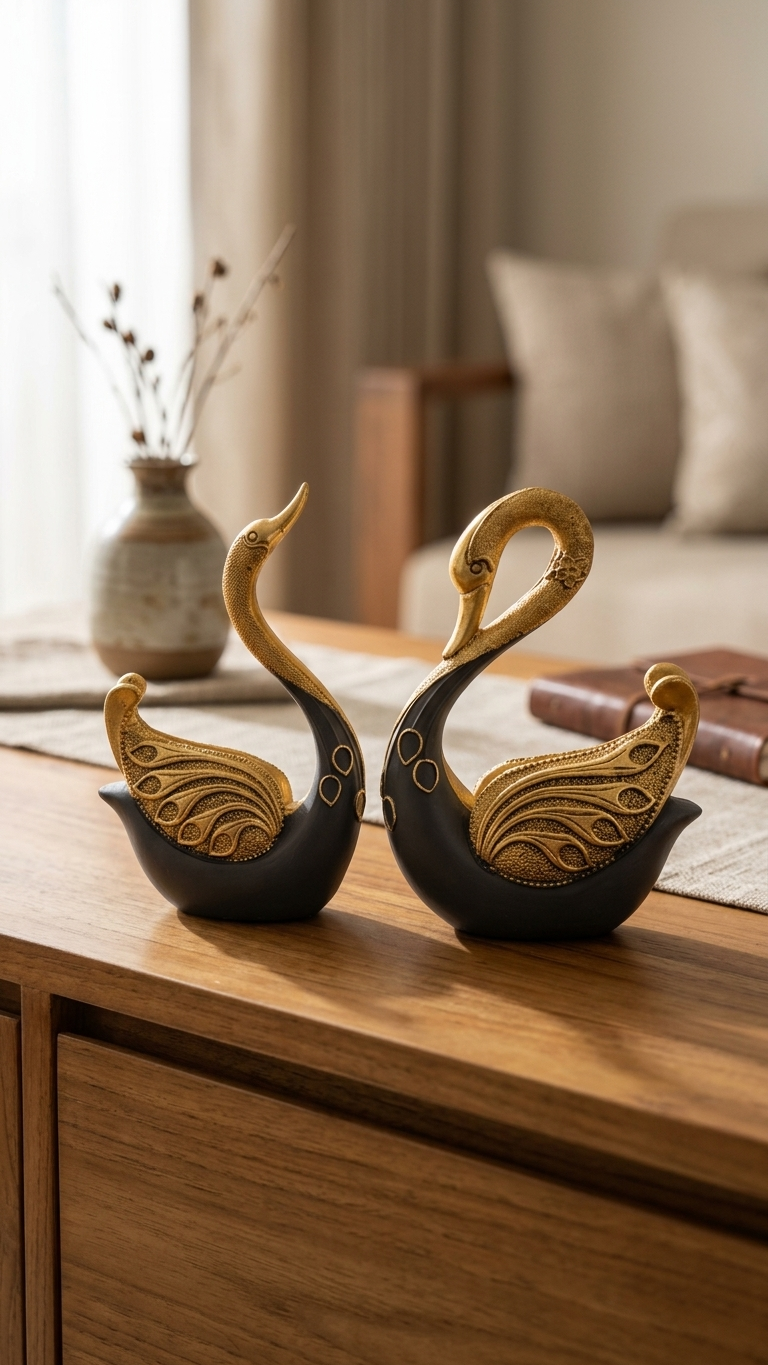 Handcrafted Grey & Gold Regal Swan Showpiece Pair | Luxury Resin Home Decor