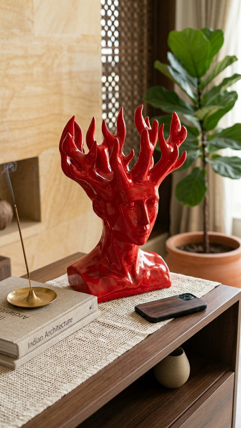 modern fire lady face sculpture