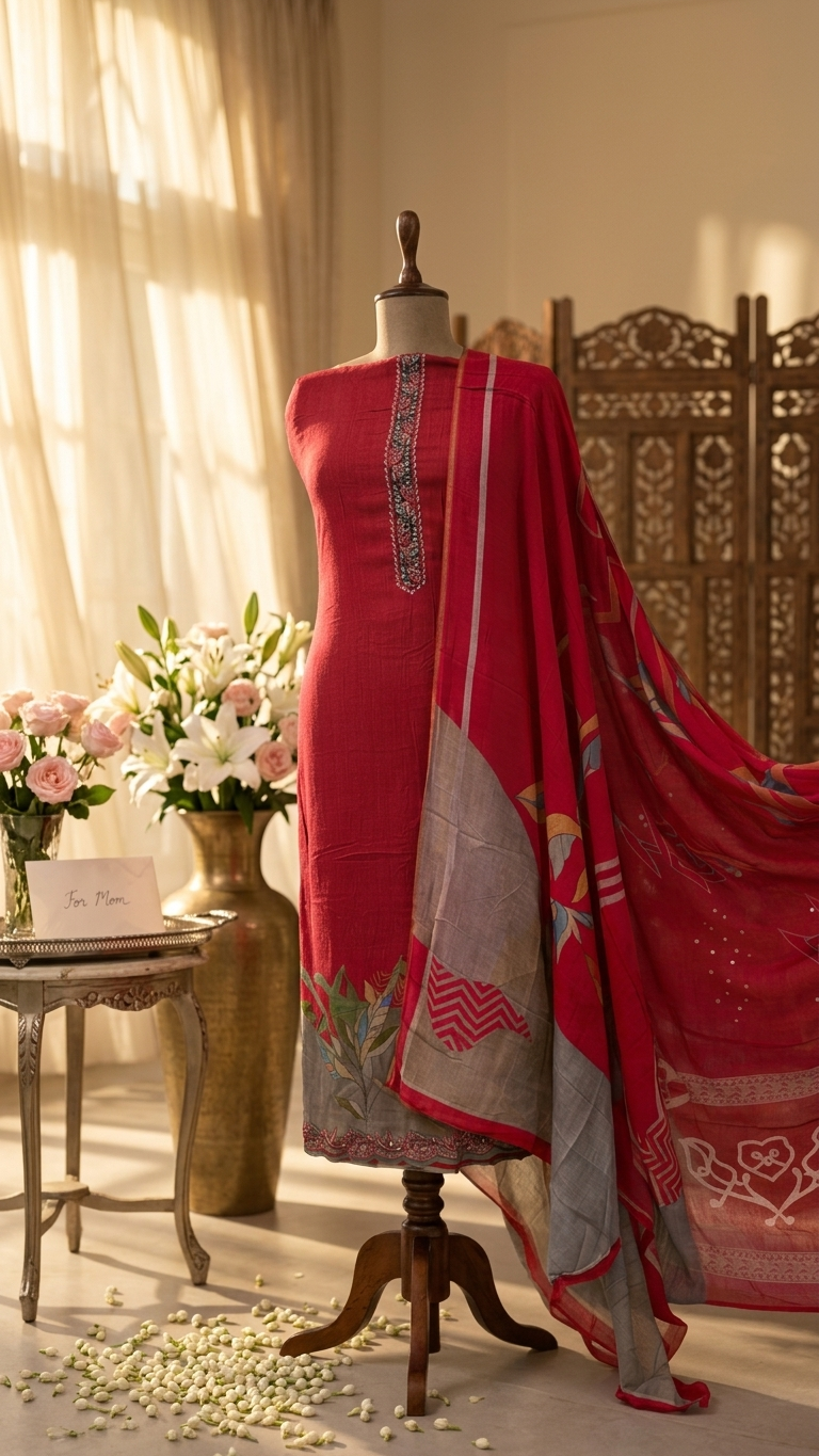 red embroidered unstitched suit set