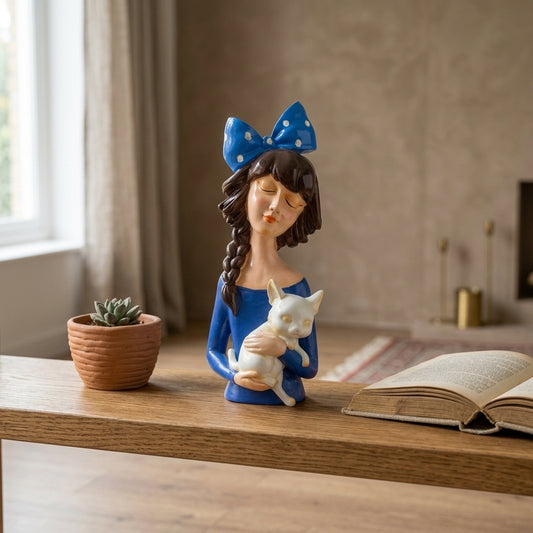 Handcrafted Girl with Cat Showpiece – Resin Sculpture for Home Decor