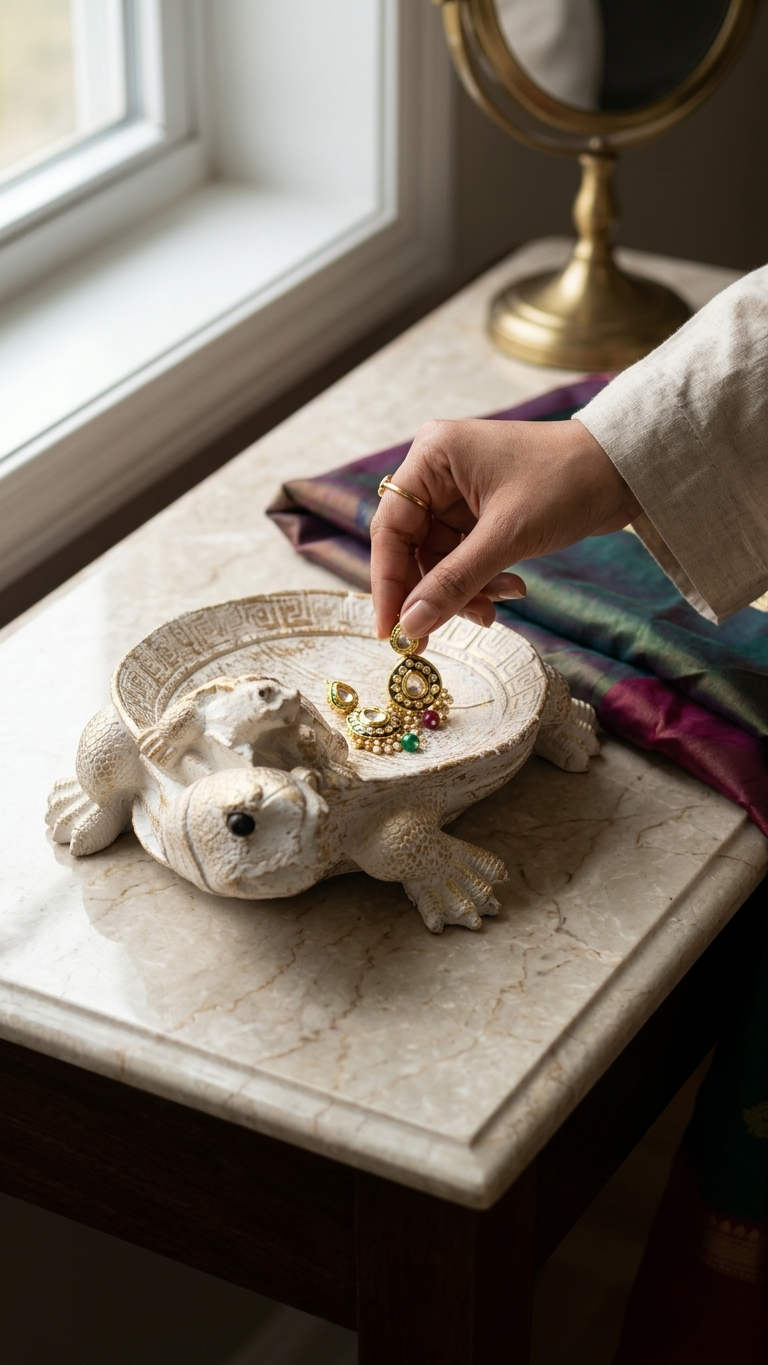 Handcrafted Three Turtles Bowl Showpiece – Vintage White & Gold Turtle
