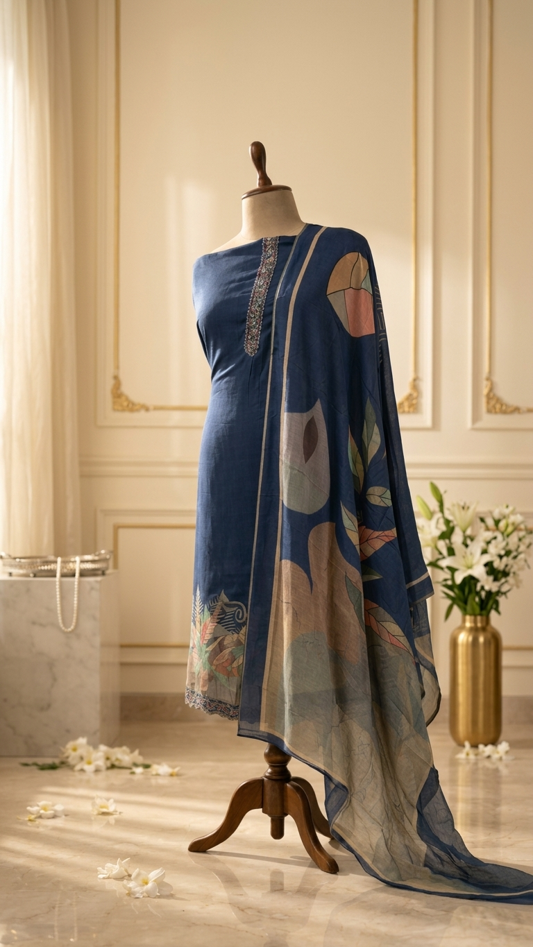 navy blue embroidered kurta set