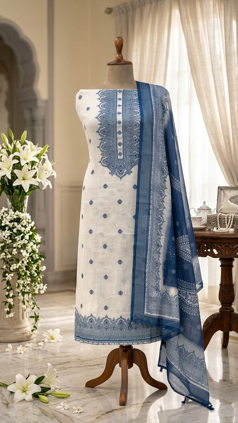 Cream Blue Embroidered Suit Set with Dupatta –Ethnic Wear India