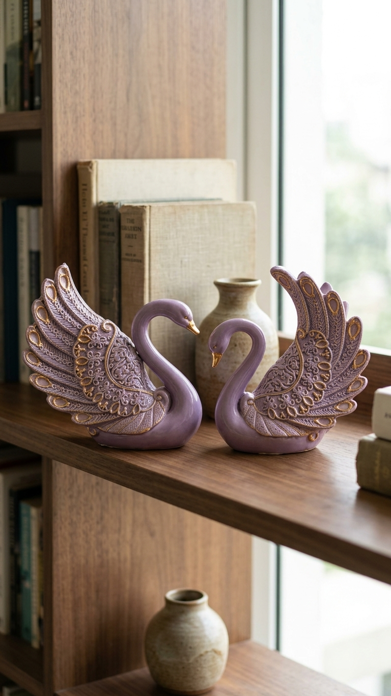 Handcrafted Lavender Royal Swan Showpiece Pair | Premium Resin Home Decor