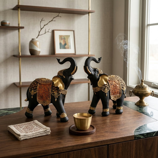Black And Gold Elephant Statue Set for Home Decor – Vastu & Luck Decor