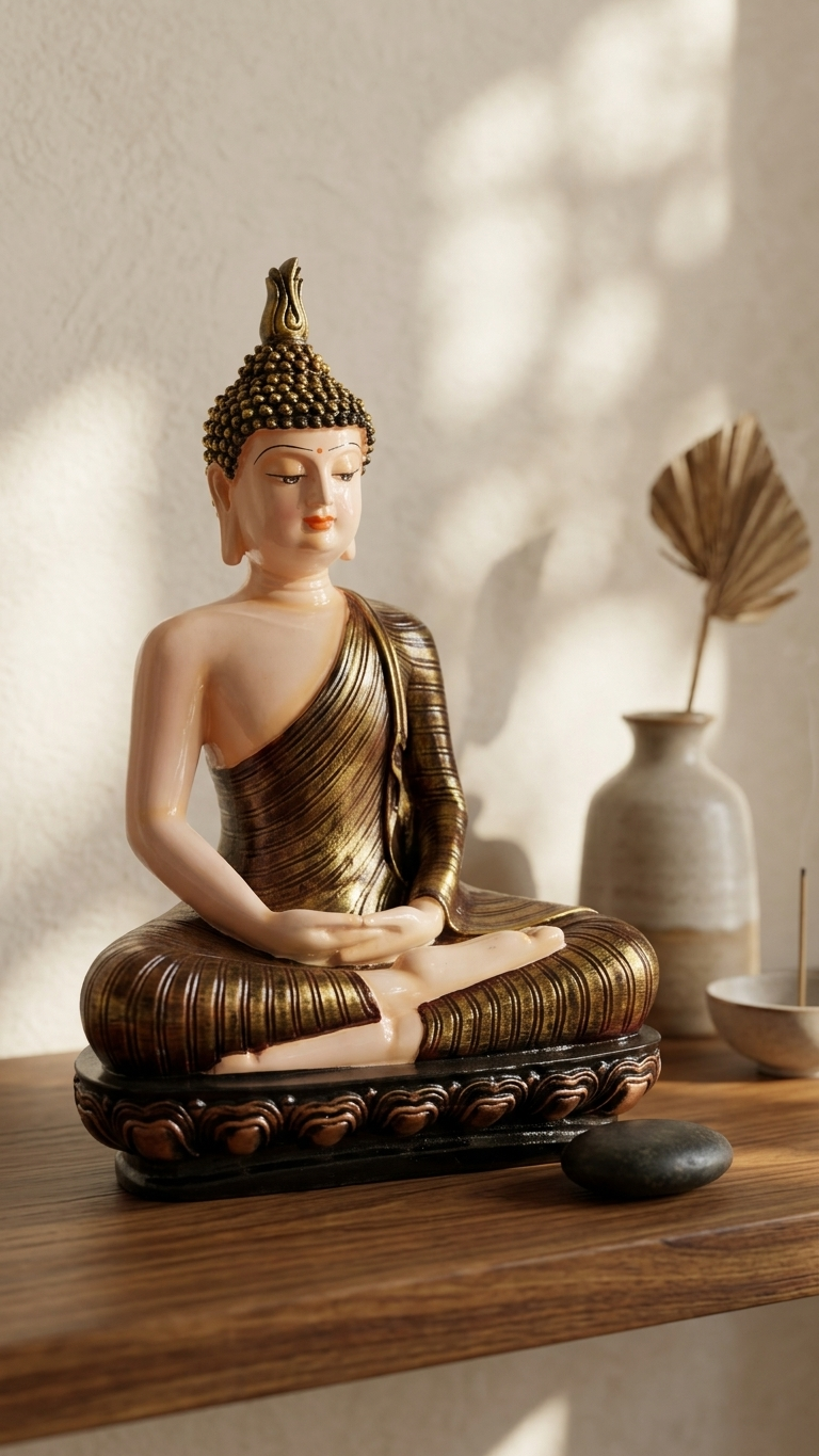 Handcrafted Meditating Buddha Idol for Home Decor – Premium Beige & Antique Gold Resin Statue | Made in India