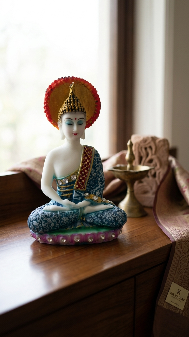 Handcrafted Colorful Buddha Idol with Halo – Blue Meditation Statue
