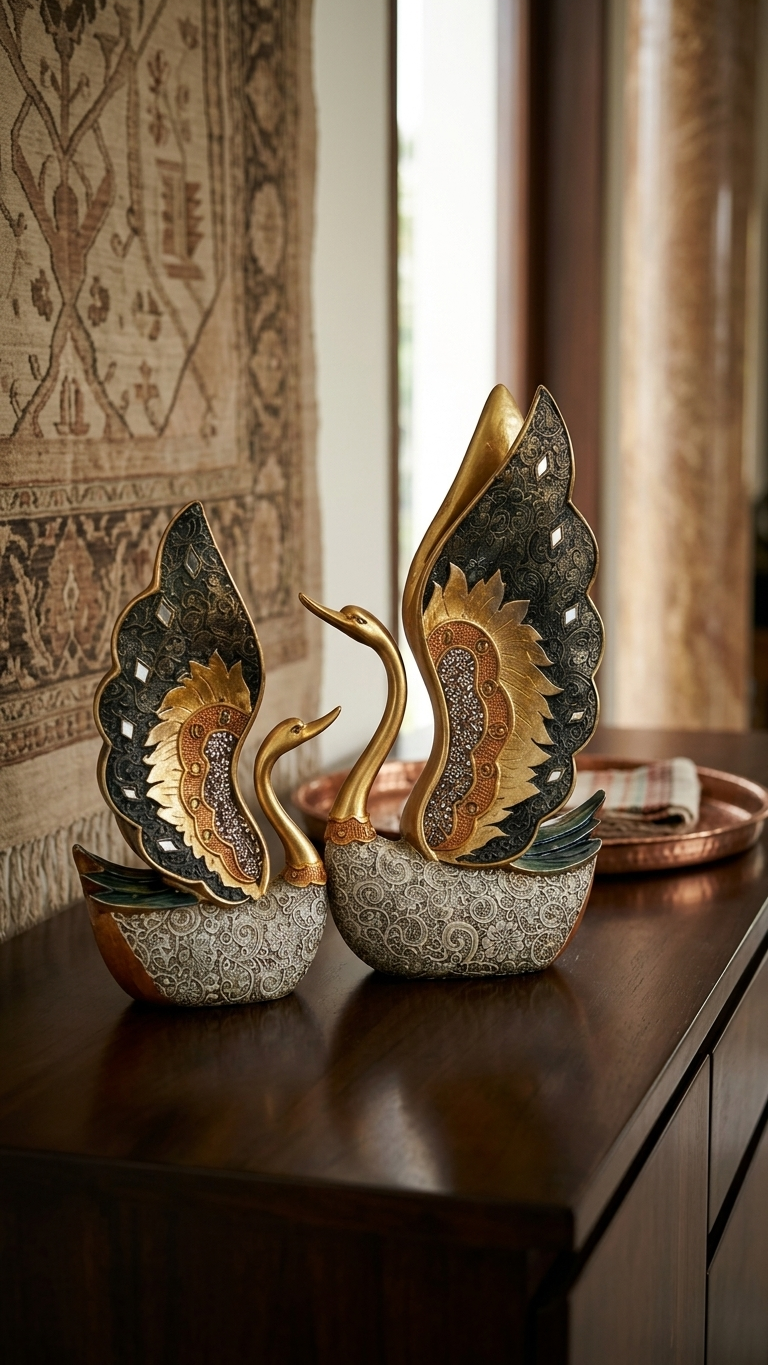 Golden swan pair showpiece for home decor India – Premium Finish Home Decor Statue for Living Room & Office