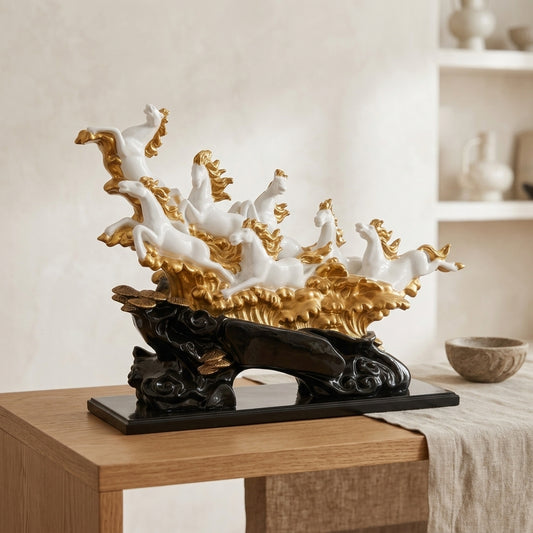 Handcrafted Running Horse Sculpture -White & Gold with Decorative Base