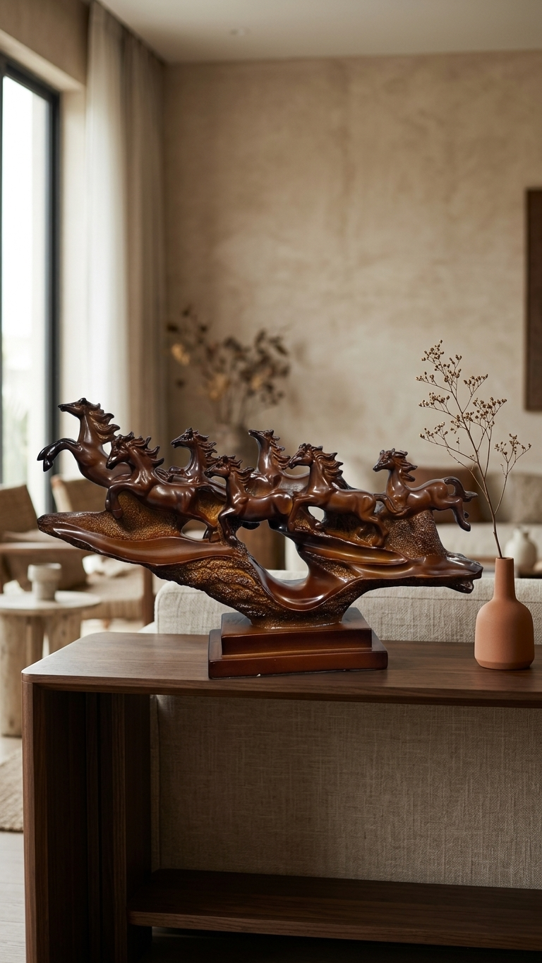 Handcrafted Galloping Seven Horses Showpiece on Rustic Cliff – Premium Resin Vastu Decor